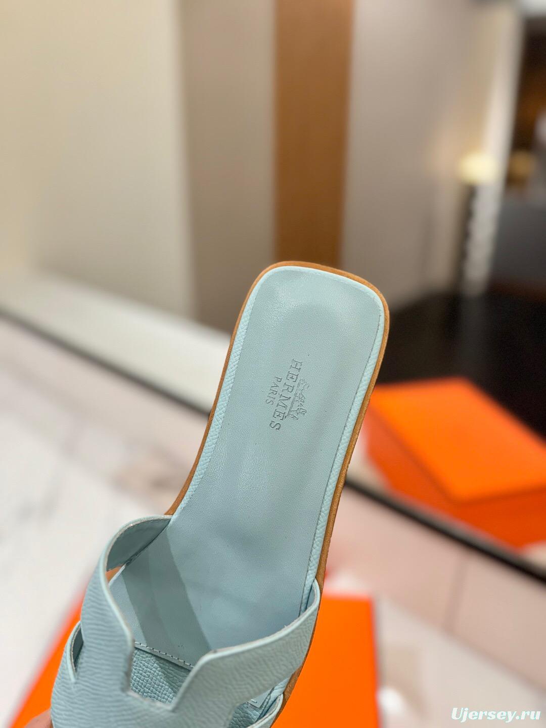2025 Women Hermès Light Blue Leather Slippers