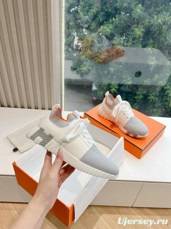 2024 Unisex Hermès Gray White Orange Calf Leather Suede Knit Sneakers MJ00290