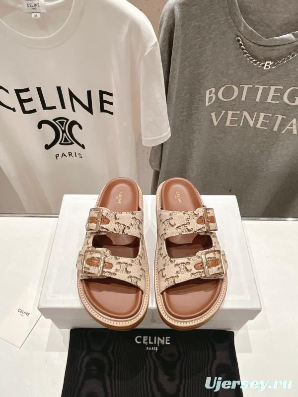2025 Women Celine Beige Canvas Vintage Style Double Buckle Sandals Handcrafted Unisex LY00360(F)