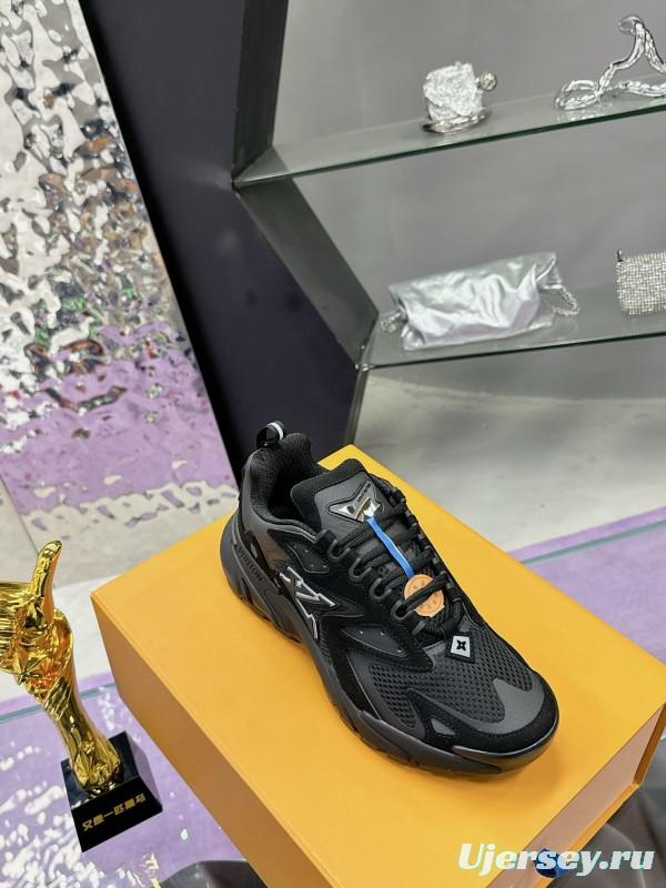 2025 Men Louis Vuitton Black Mesh Leather Sneakers MJ00420