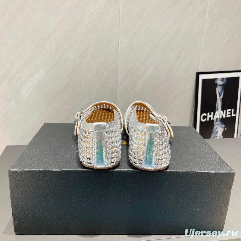 2025 Women Alaïa Silver Leather Woven Mary Jane Flats LY00360(F)