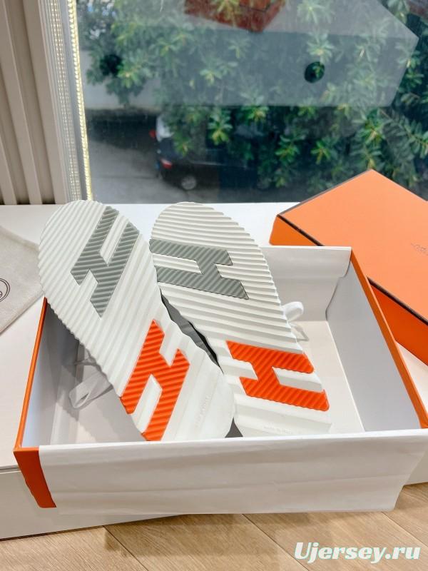 2024 Unisex Hermès Gray White Orange Calfskin Suede Sneakers MJ00290