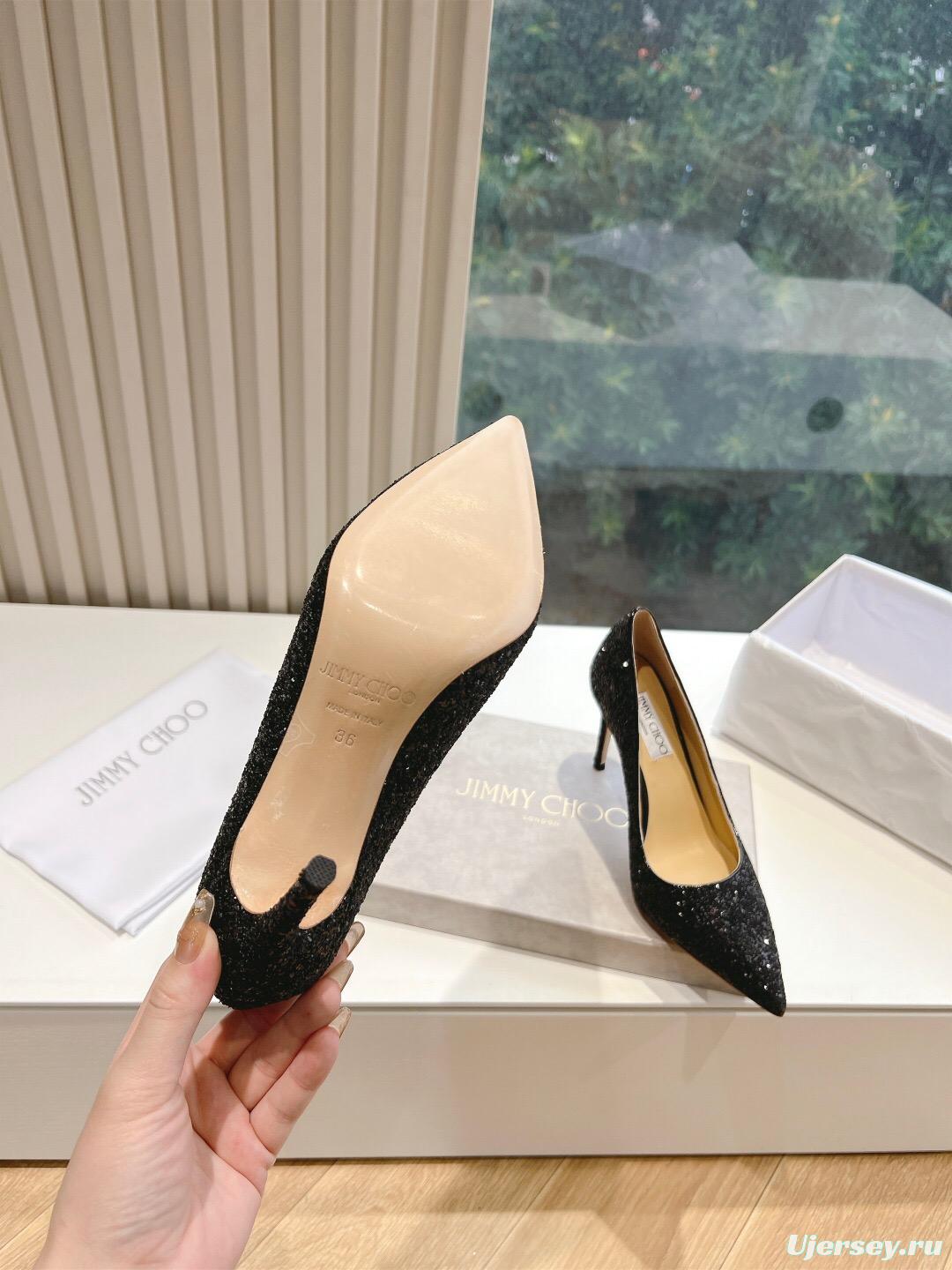 2025 Women Jimmy Choo Black Glitter Leather High Heel Pumps KFY00280