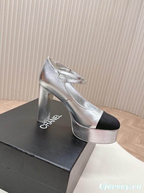 2025 Women Chanel Silver Black Leather Mary Jane Platform Heels