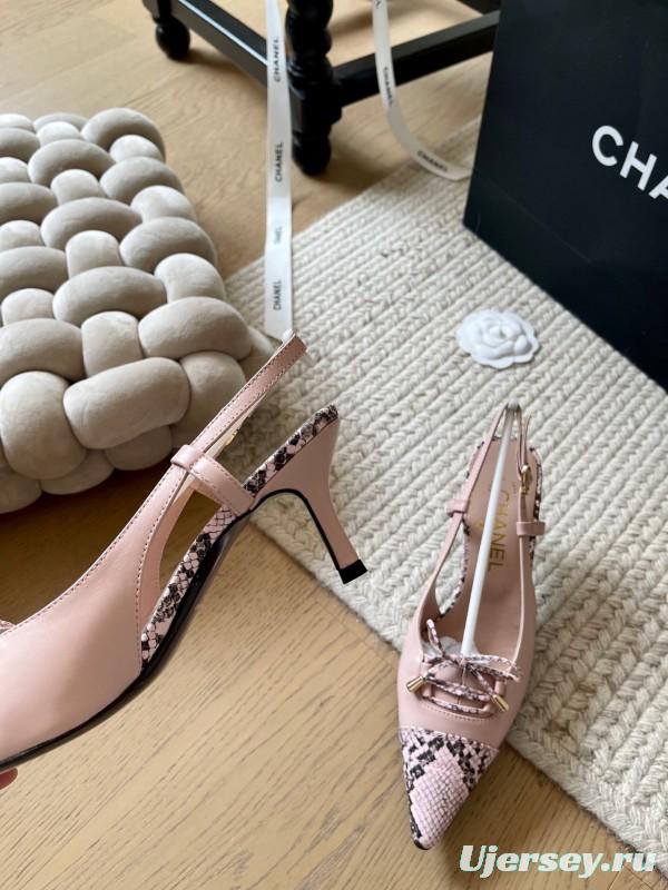2025 Women Chanel Pink Python Leather Bow High Heels KFY00320