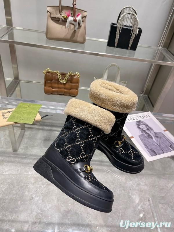 2024 Women Gucci Black Shearling Leather Snow Boots MJ00420