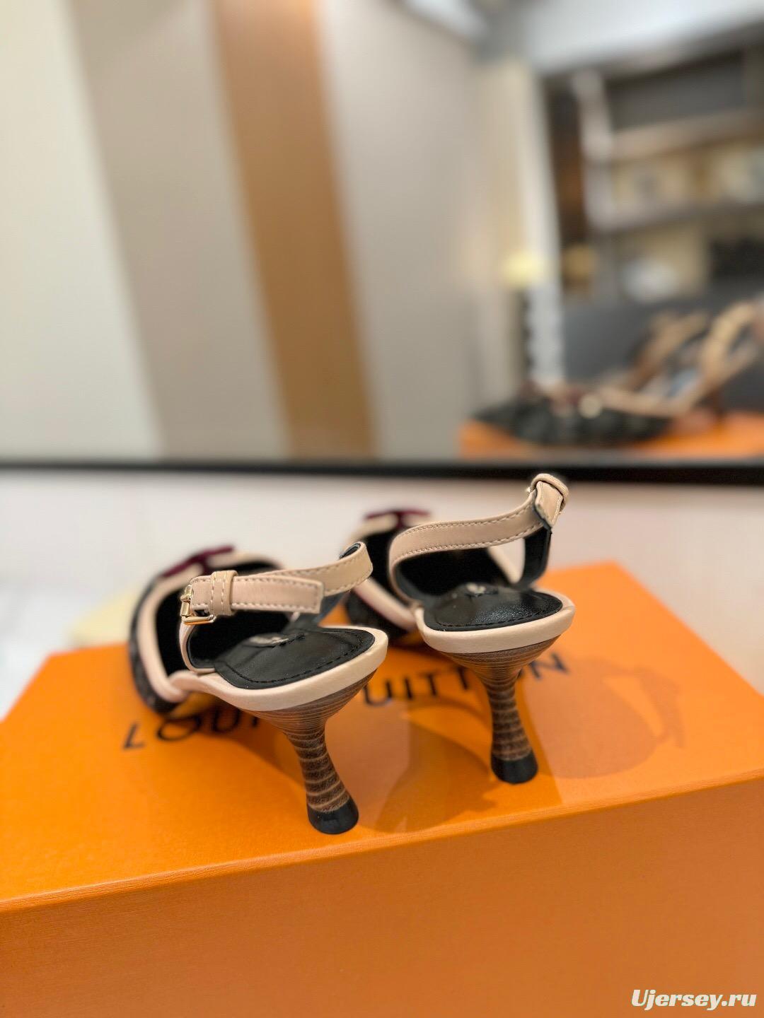 2025 Women LV Black Pink Denim Leather Slingback Heels KFY00310