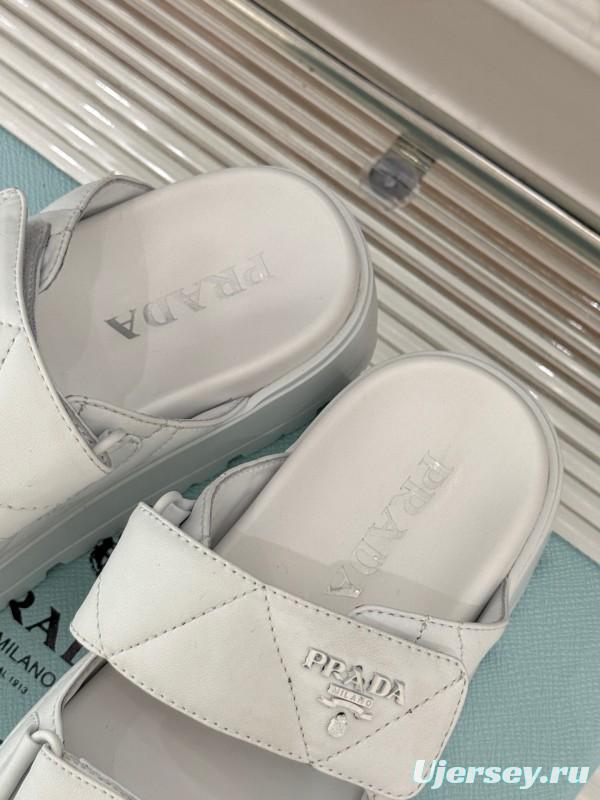 2025 Slippers Prada White Leather Quilted Velcro Strap KFY00250