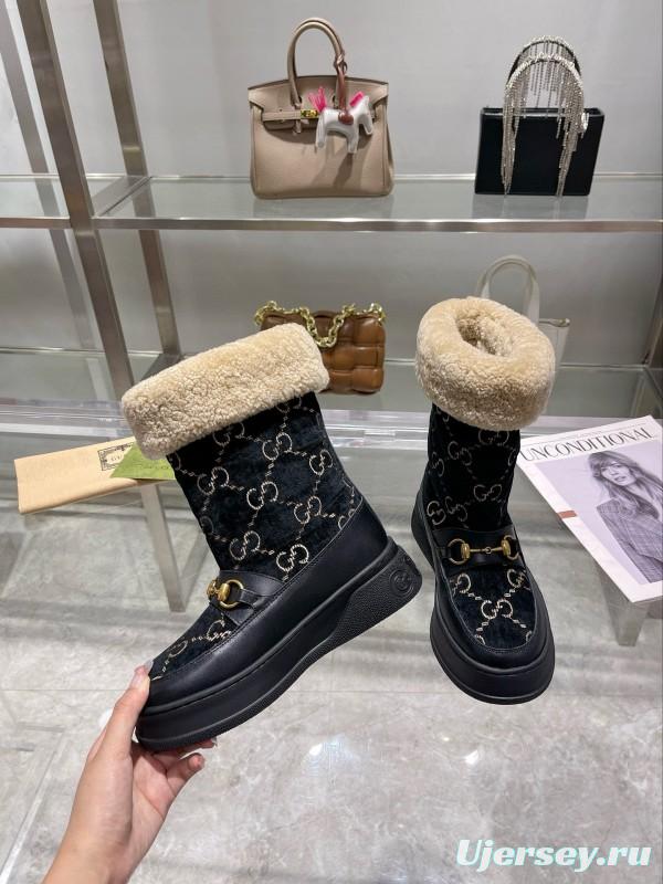 2024 Women Gucci Black Shearling Leather Snow Boots MJ00420