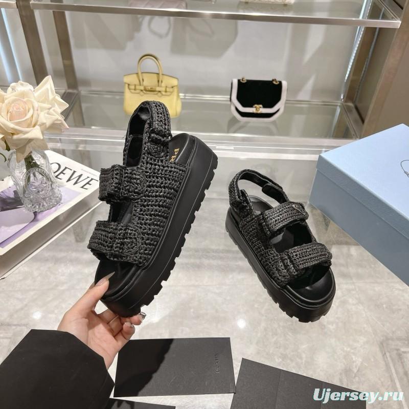 2025 Women Prada Black Woven Leather Sandals LY