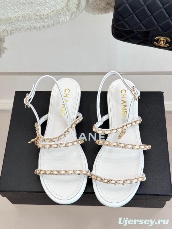 2025 Women Chanel White Leather Chain Strap Sandals