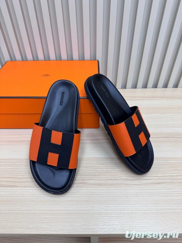 2025 Slippers Hermès Orange Black Leather Slippers
