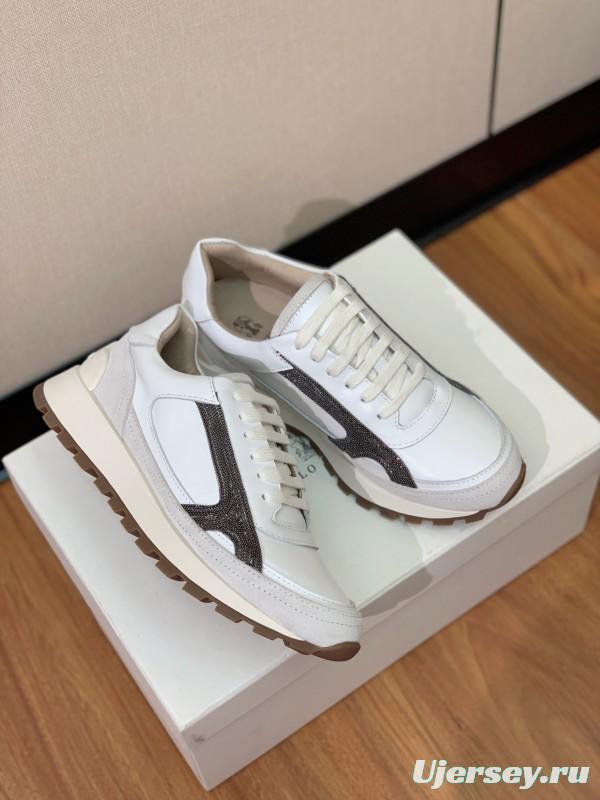 2025 Unisex Brunello Cucinelli White Grey Leather Suede Sneakers LY