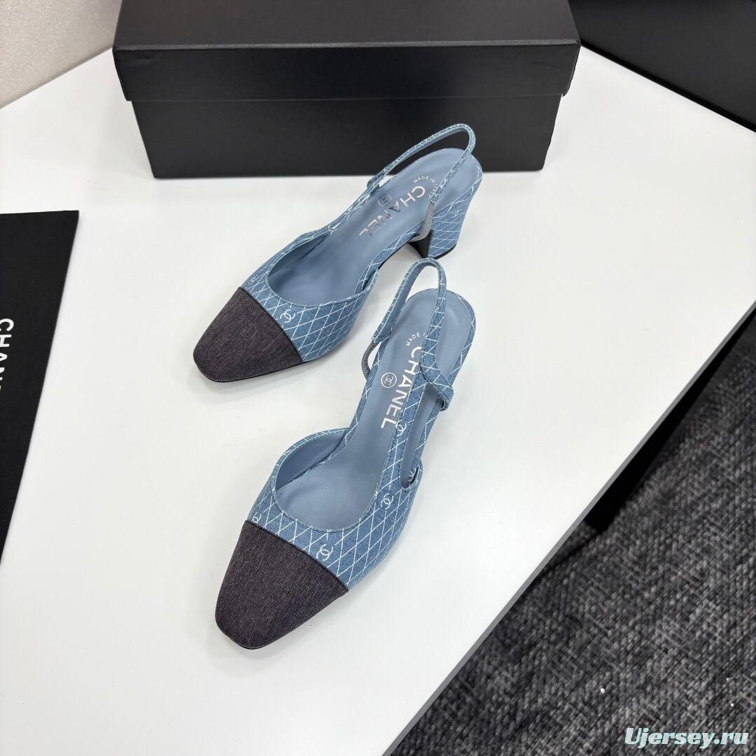 2025 Women Chanel Blue Grey Denim Leather Slingback Shoes