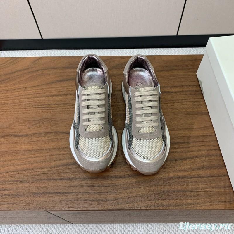 2025 Women Brunello Cucinelli Beige Brown Mesh Leather Sneakers