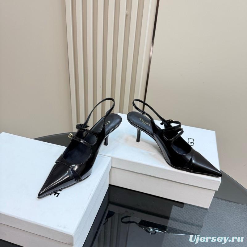2025 Women CELINE Black Patent Leather Pointed Toe Slingback Heels