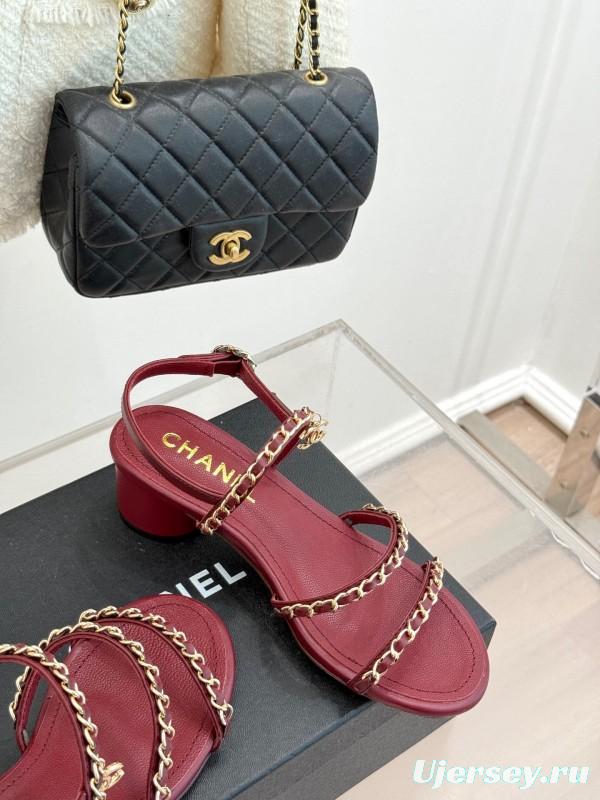 2025 Women Chanel Red Leather Chain Strap Sandals KFY00270