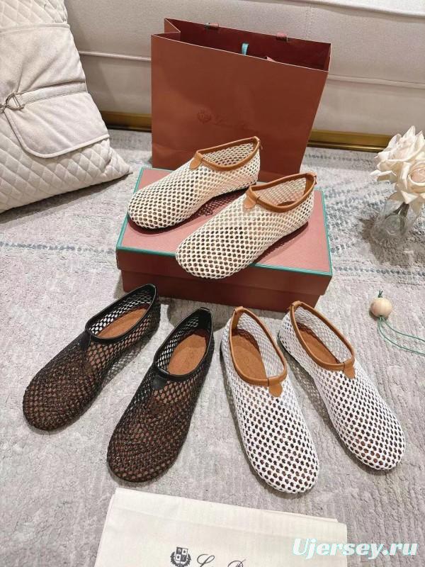 2025 Women LP White Brown Leather Mesh Ballet Flats