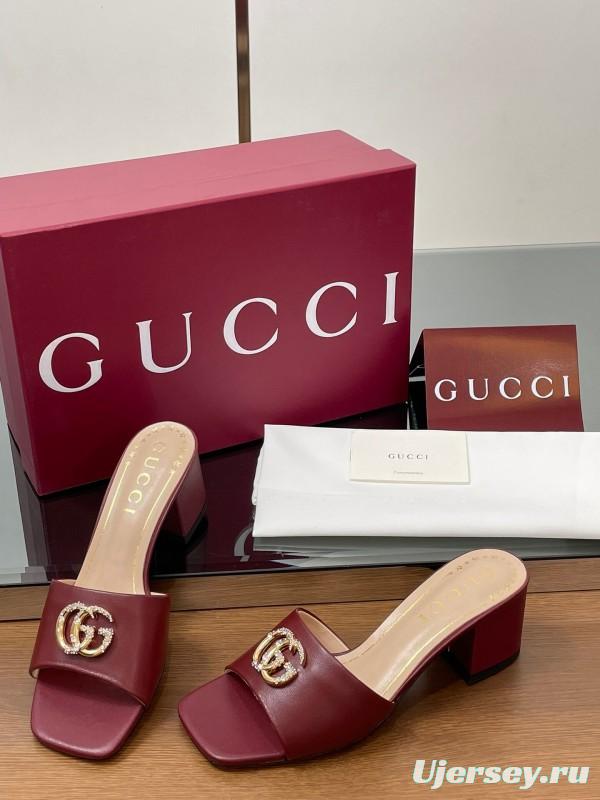 2025 Women Gucci Burgundy Leather Sandals GG Crystal LY00280