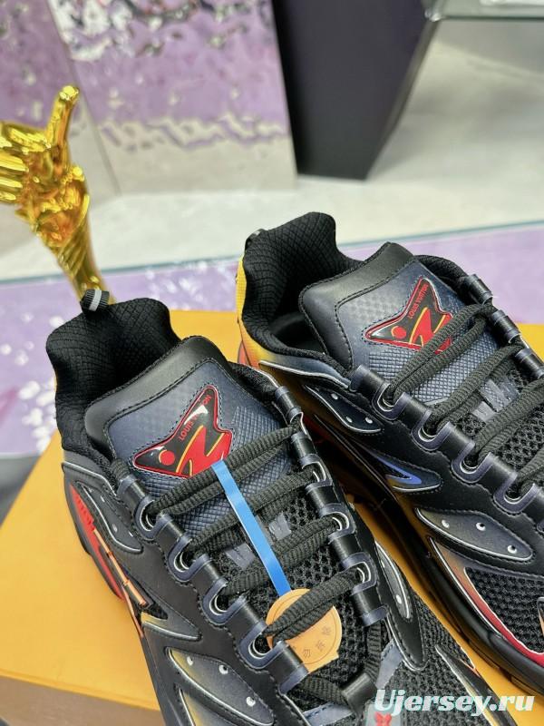 2025 Men Louis Vuitton Black Yellow Orange Mesh Leather Sneakers MJ00420