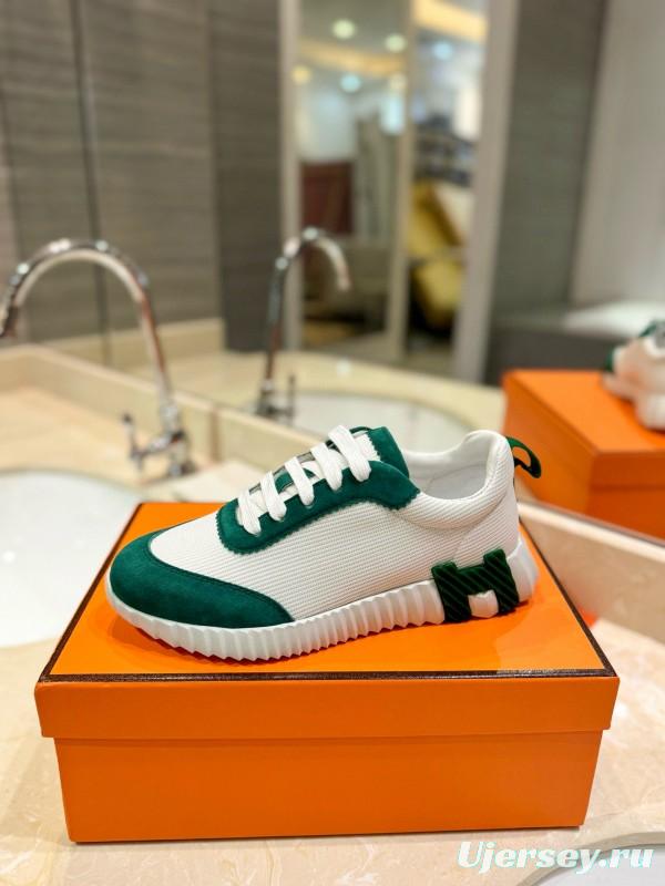 2024 Unisex Hermès White Green Mesh Suede Sneakers MJ00320