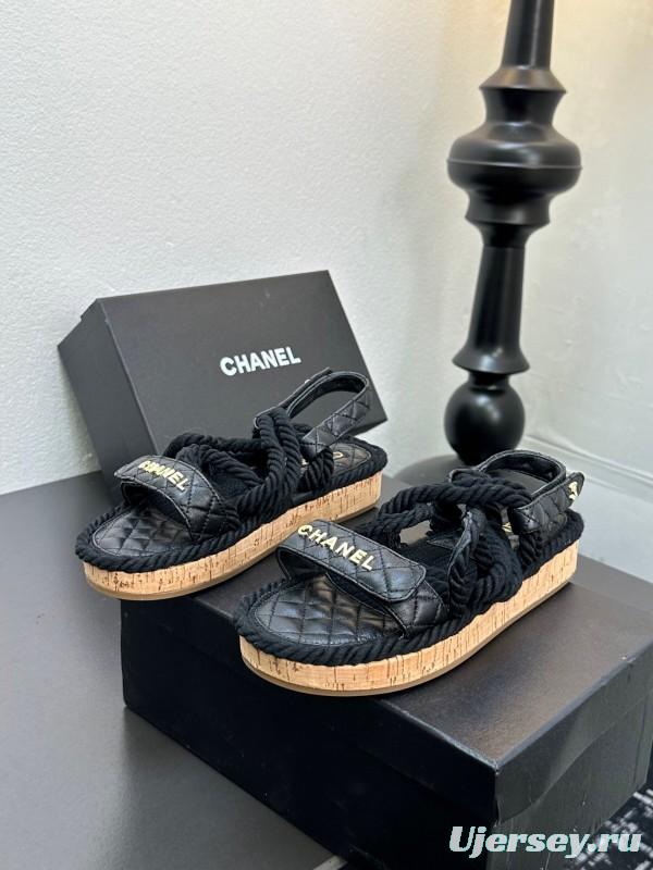 2025 Slippers Chanel Black Rope Leather Sandal LY00260