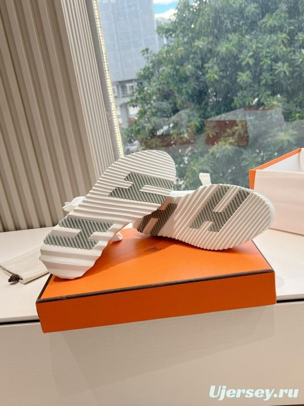 2024 Unisex Hermès Gray White Orange Calf Leather Suede Knit Sneakers MJ00290