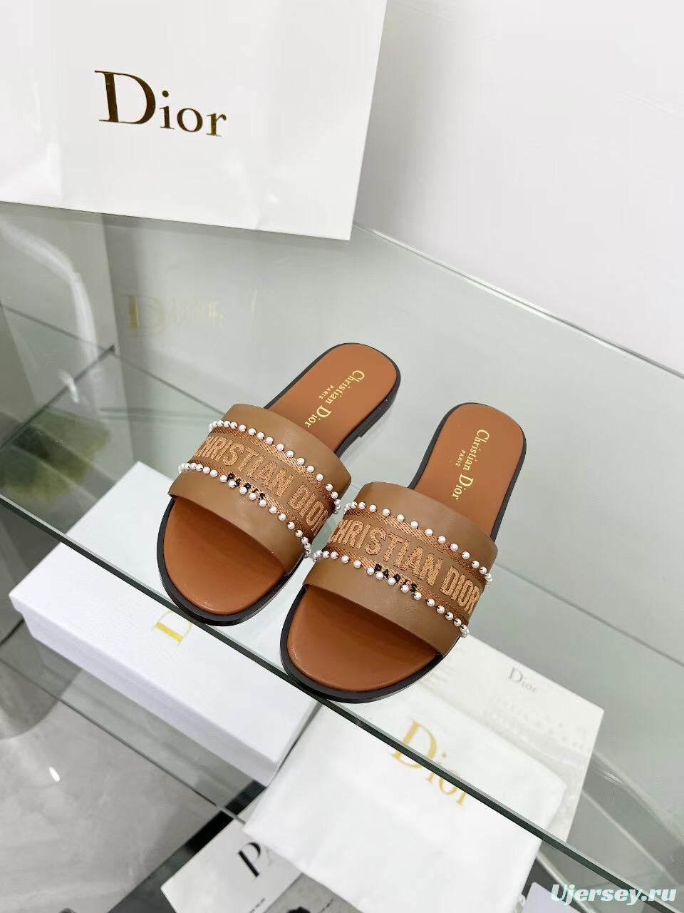 2025 Slippers Dior Brown Leather Women Slide Pearl LY00190