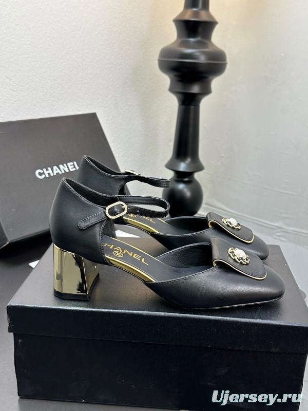 2025 Women CHANEL Black Leather Block Heel Metal Accent LY00360