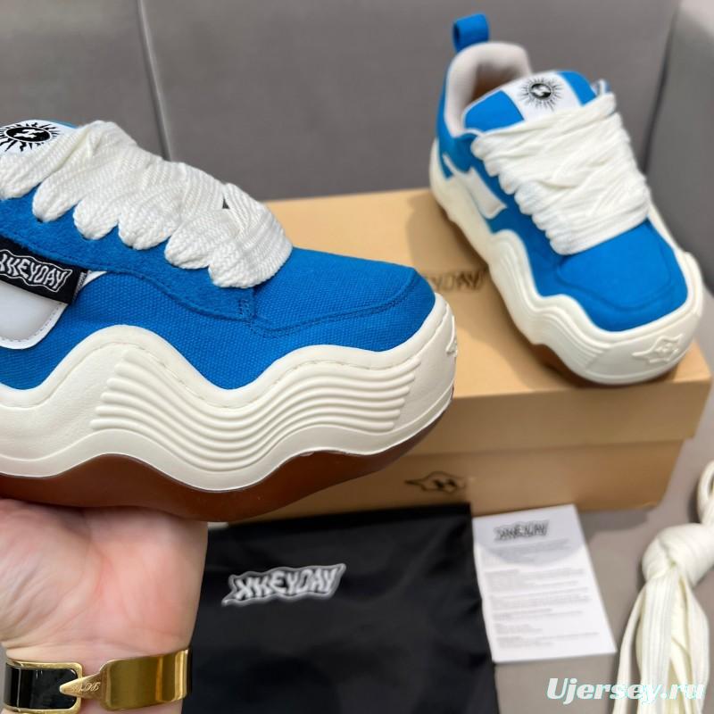 2025 Unisex HEYDAY Blue White Canvas Leather Sneakers Wavy Sole KFY00260