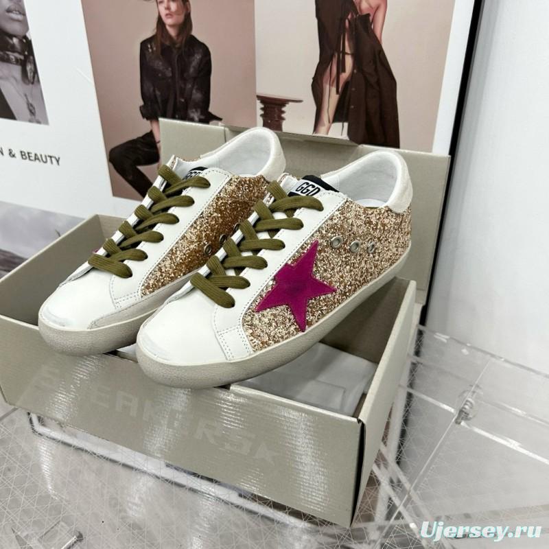 2025 Women GGDB White Gold Pink Glitter Leather Sneakers