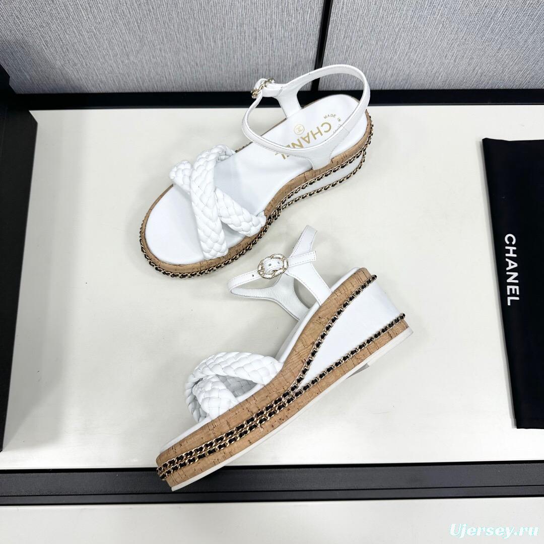 2025 Women Chanel White Leather Wedge Sandals