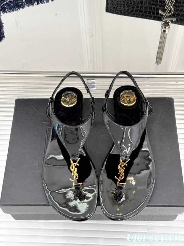 2025 Women Yves Saint Laurent Black Patent Leather Thong Sandals