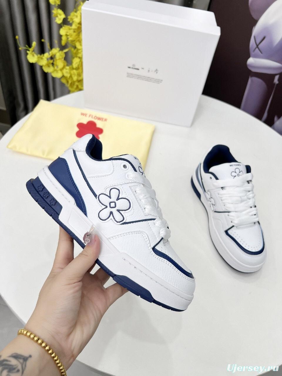 2025 Unisex WEFLOWER White Navy Leather Sneakers LY00280
