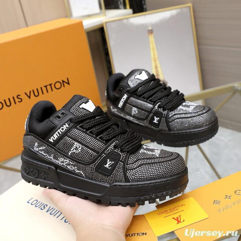 2024 Unisex Louis Vuitton Black Rhinestone Leather LV Trainer Sneakers MJ00430