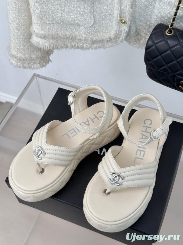 2025 Women Chanel White Leather Sandals