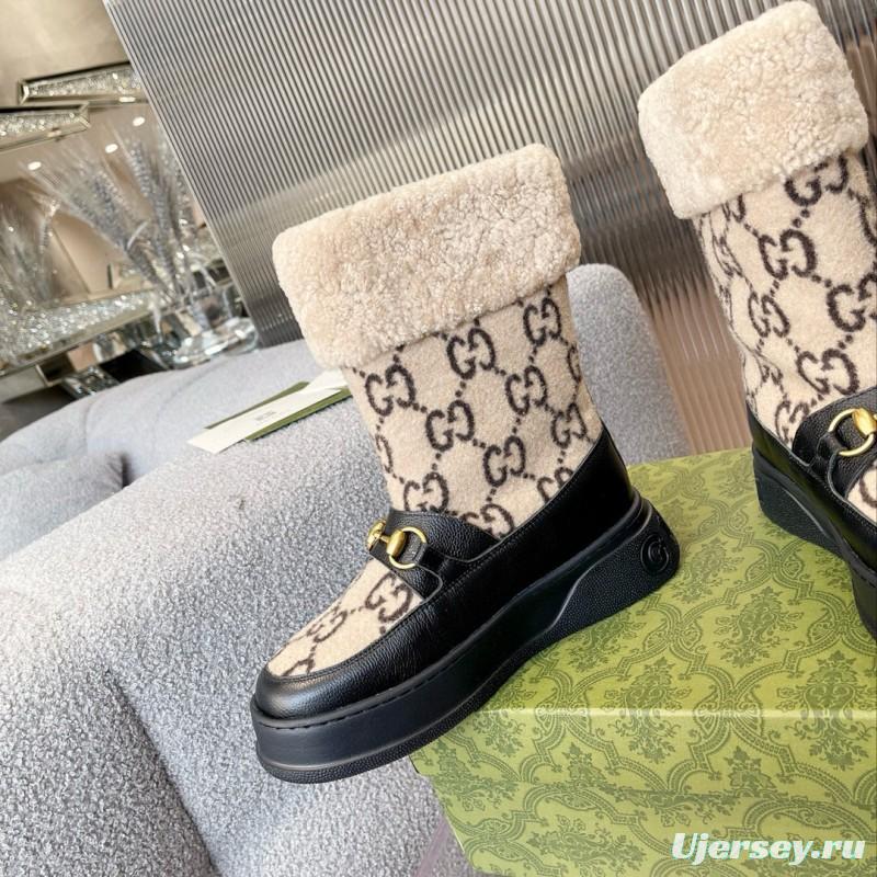 2024 Women Gucci beige black leather shearling snow boots MJ00420