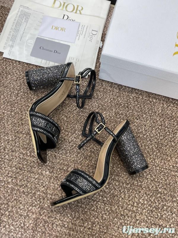 2025 Women Dior Black Patent Leather Crystal High Heel Sandals KFY00320