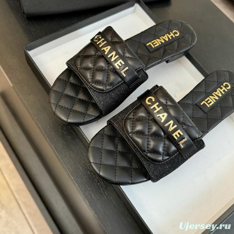2025 Women Chanel Black Leather Slippers