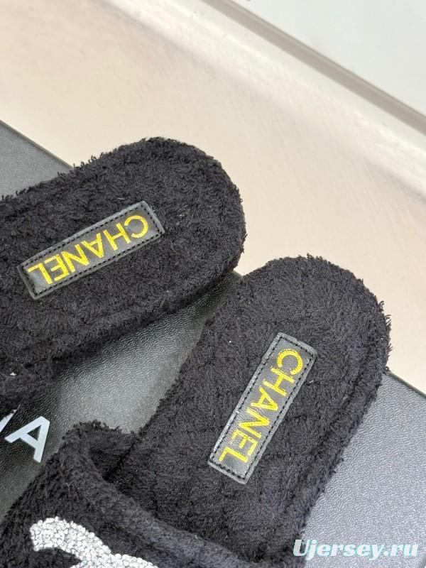 2025 Women Chanel Black Terry Cloth Slippers KFY00220