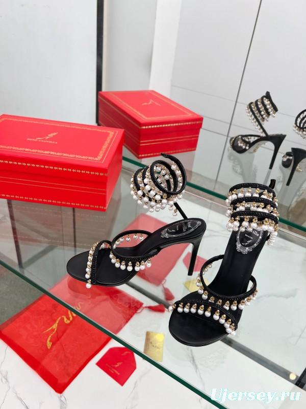 2025 Women RC Black Silk Crystal Pearl High Heel Sandals LY00360