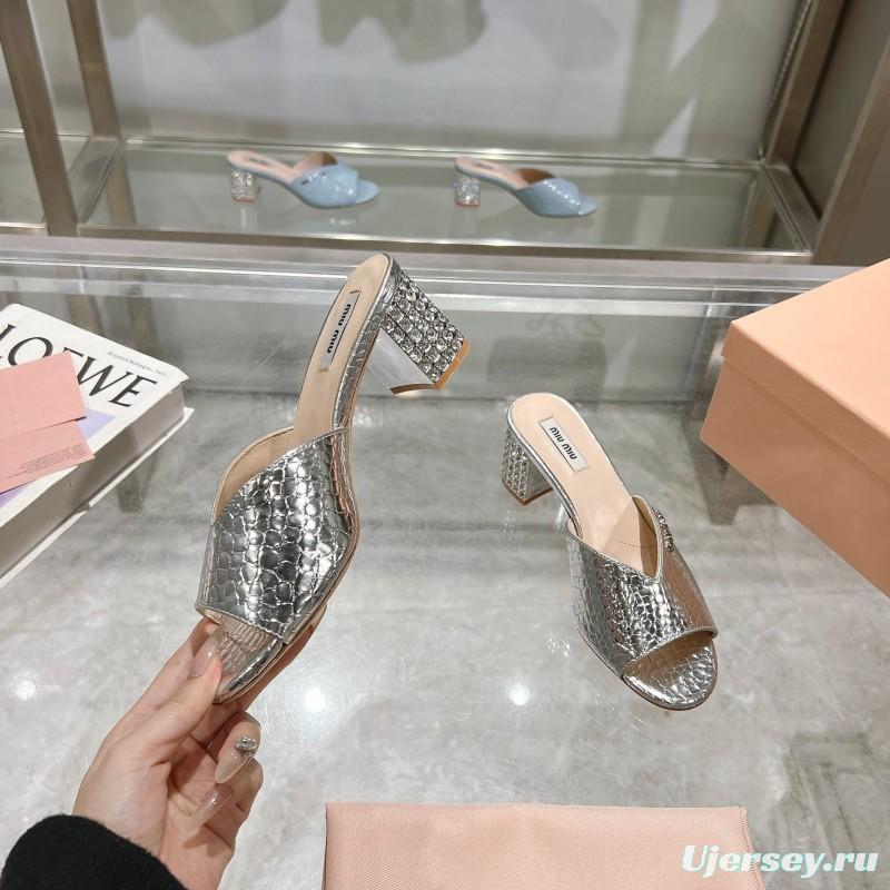 2025 Women Miu Miu Silver Leather Mules