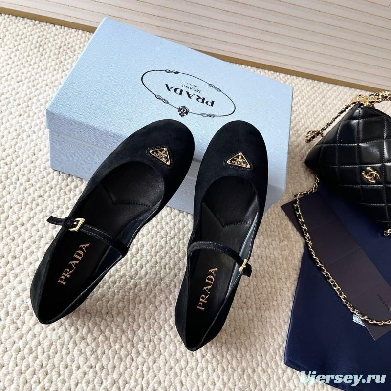 2025 Women Prada Black Suede Mary Jane Ballet Flat