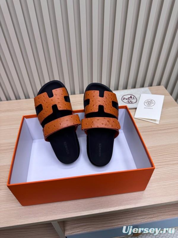 2025 Women Hermès Brown Black Leather Slippers