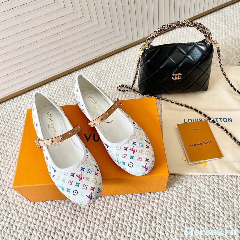 2025 Women Louis Vuitton White Multicolor Leather Ballet Flat