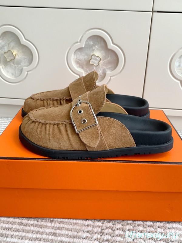 2025 Women Hermès Deep Brown Suede Mule Buckle KFY00290