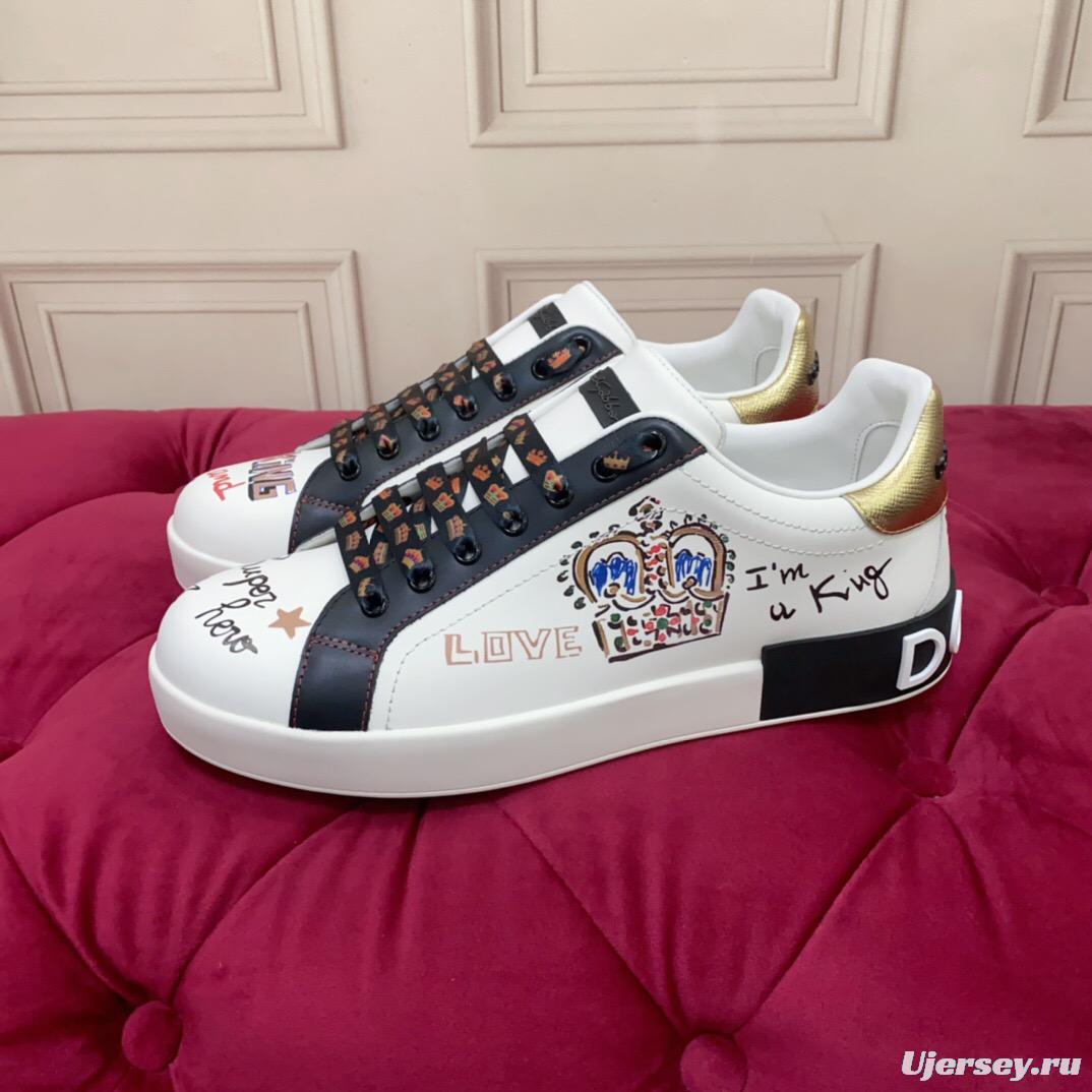 2025 Unisex Dolce & Gabbana White Black Gold Leather Sneakers Embroidered LY00340(F)/LY00360(M)