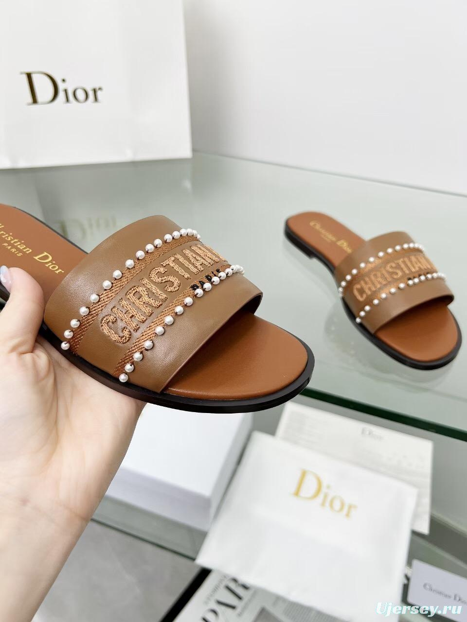 2025 Slippers Dior Brown Leather Women Slide Pearl LY00190