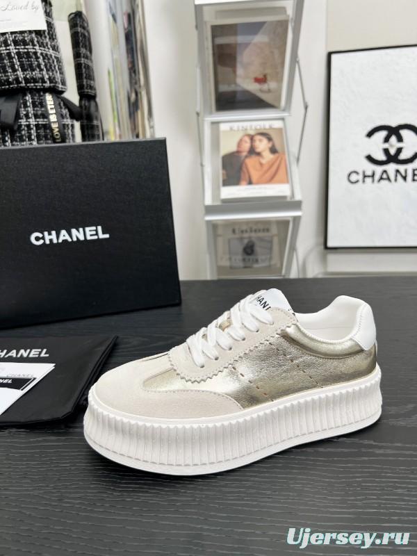 2025 Women Chanel White Gold Leather Suede Sneakers LY00270