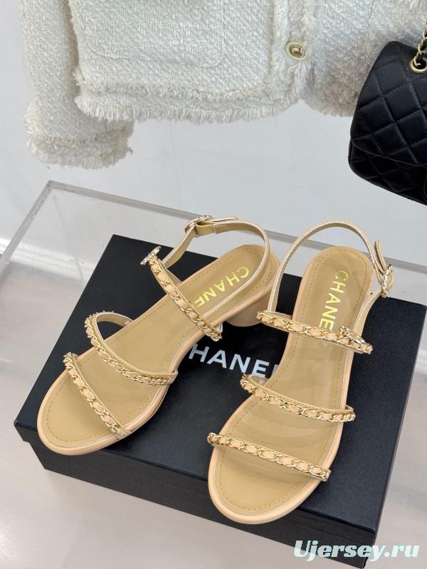 2025 Women Chanel Beige Lambskin Chain Strap Block Heel Sandals